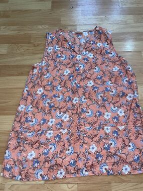 J Jill Love Linen Sleeveless Floral Tunic Top Split Neck Pockets Medium
